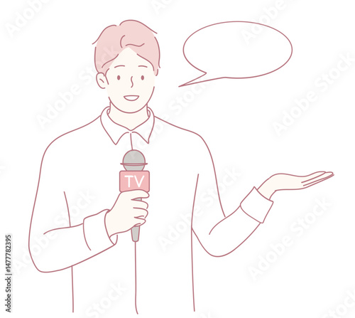 A male reporter stands confidently with a microphone, ready to deliver news, featuring a speech bubble