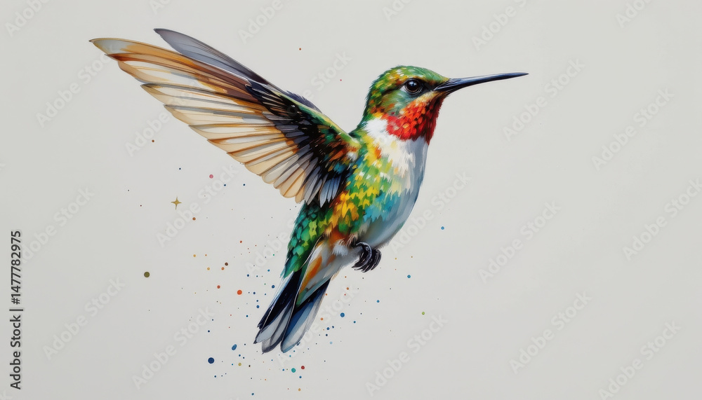 Fototapeta premium a delicate watercolor painting of a hummingbird, wings a blur of iridescent color, isolated on a clean white background.