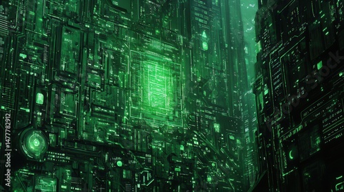 Microchip-Inspired Urban Evolution: A sci-fi cityscape where advanced computing drives every aspect of urban life. photo
