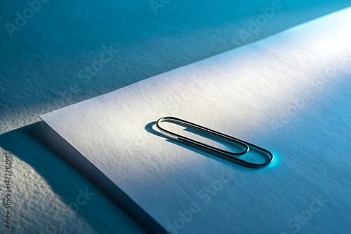 Minimalist paper clip on white sheet under neon lighting – office stationery concept photo