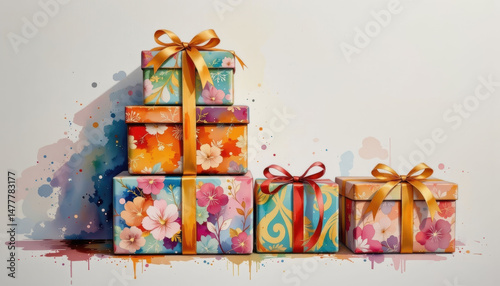 a stack of intricately wrapped gifts, painted in vibrant watercolor against a pristine white canvas, inviting viewers to envision the joyous moments they hold.