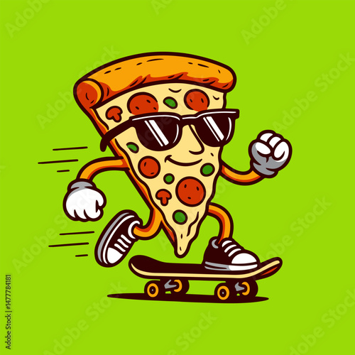 Playful and vibrant cartoon illustration of a pizza slice character riding a skateboard.