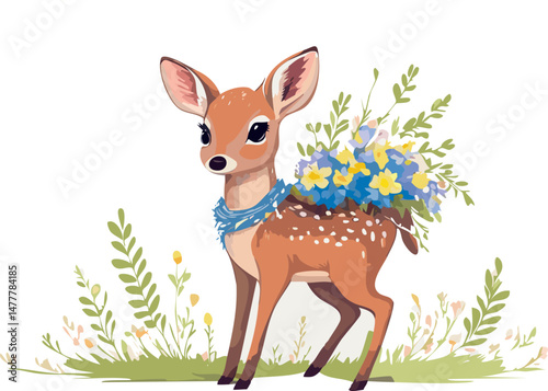 Sweet baby fawn carrying a bouquet of wildflowers, illustrated with soft pastel colors and elegant minimal lines. Ideal for children's room art and gentle storytelling designs.