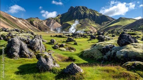 with black lava fields, steam vents, and moss-covered stones