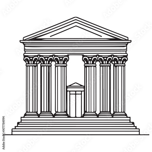 Detailed ancient greek temple building facade line art illustration