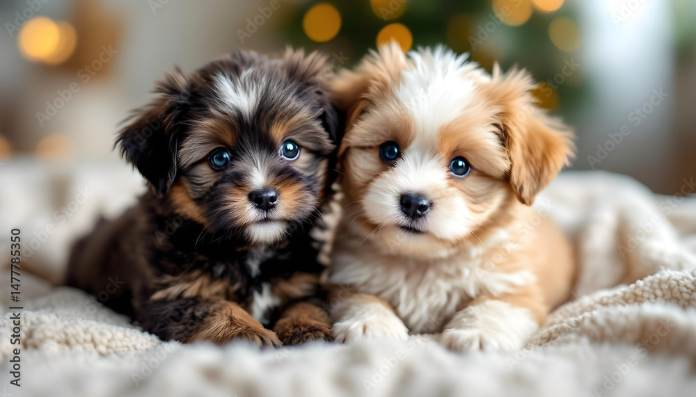 Joyful happy puppies sleeping soundly on a cosy blanket surrounded by fluffy warm love indoors Joyful happy puppies sleeping soundly on a cosy blanket surrounded by fluffy warm love indoors