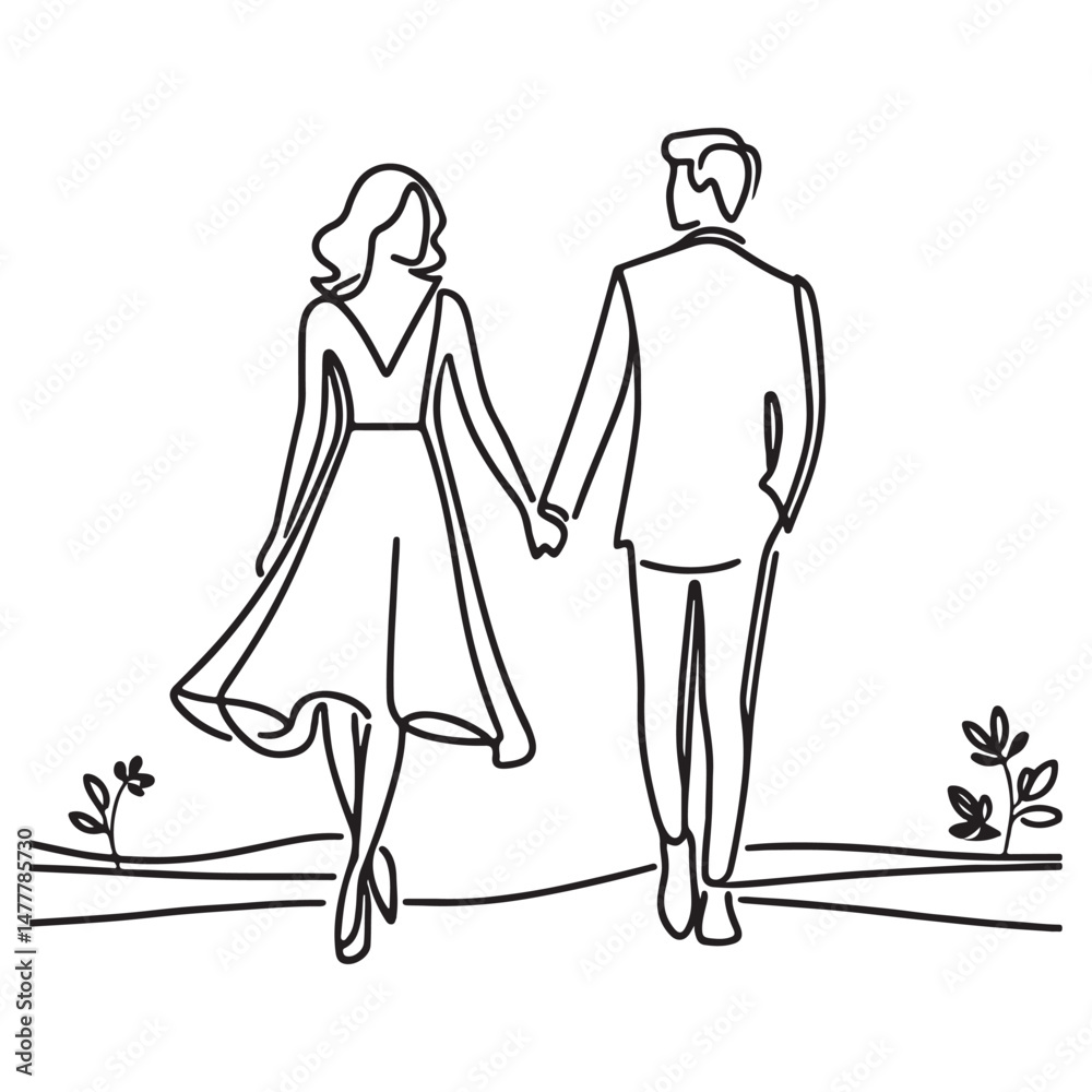 Fototapeta premium Couple Walking Holding Hands Line Art Romance Valentine's Day