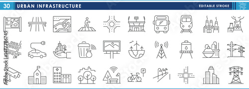 A set of line icons related to Urban Infrastructure. Services, building, planning, health, road, electricity, security, and so on. Vector editable stroke.