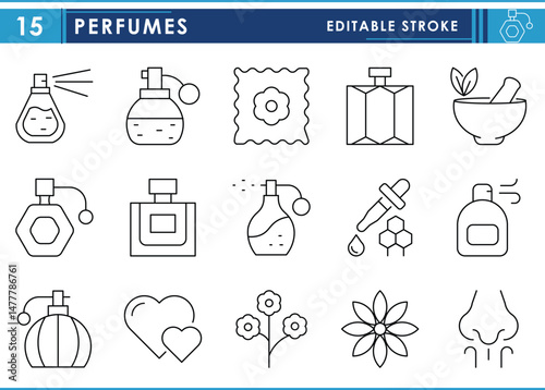 A set of line icons related to Perfumes. Perfume, scent, smell, pleasant, hanky, love, and so on. Vector editable stroke.