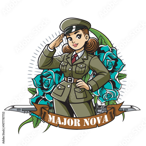 Vector Illustration of Woman Soldier with Retro Vector Illustration Available for Tshirt Design