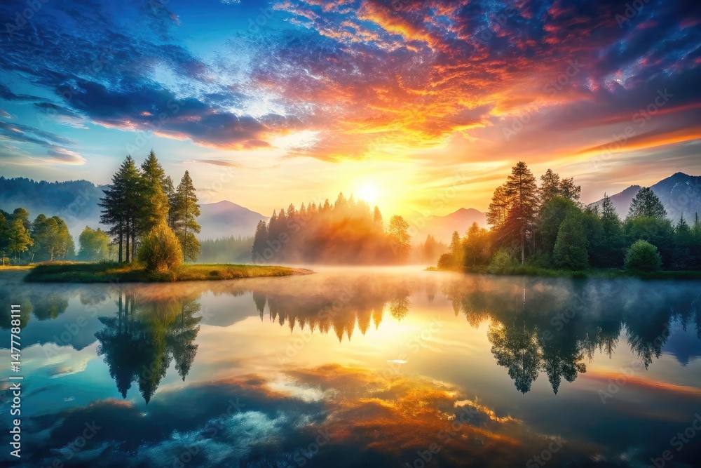 Fototapeta premium Double Exposure Sunrise Lake Panorama - Calm Water Reflection, Summer Nature Scene