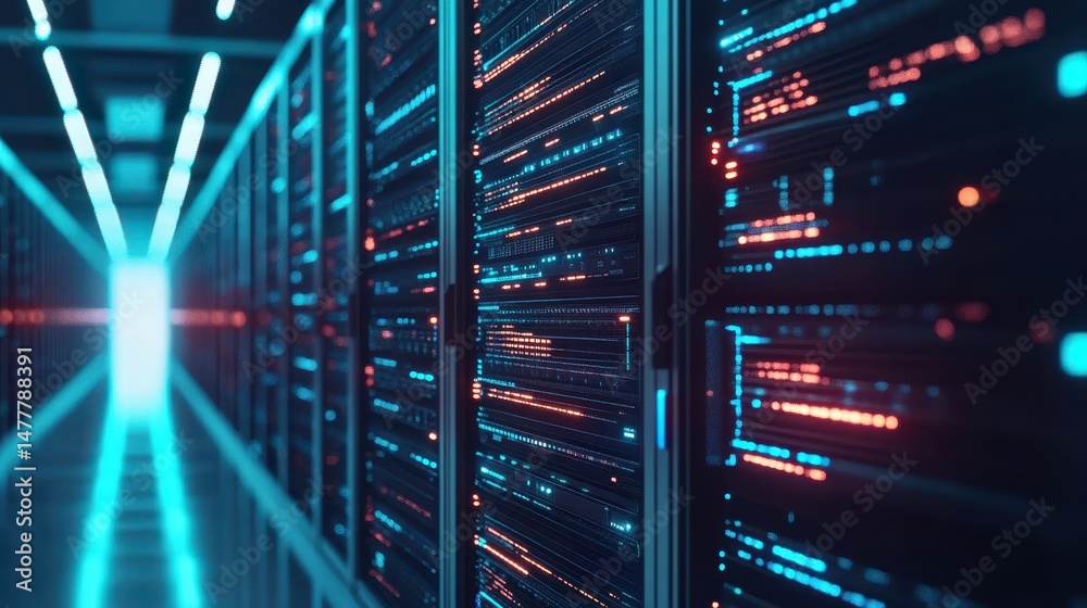 Fototapeta premium Network optimization strategies focus on enhancing performance and reducing latency, featuring dashboards that display performance metrics in a high-tech environment.