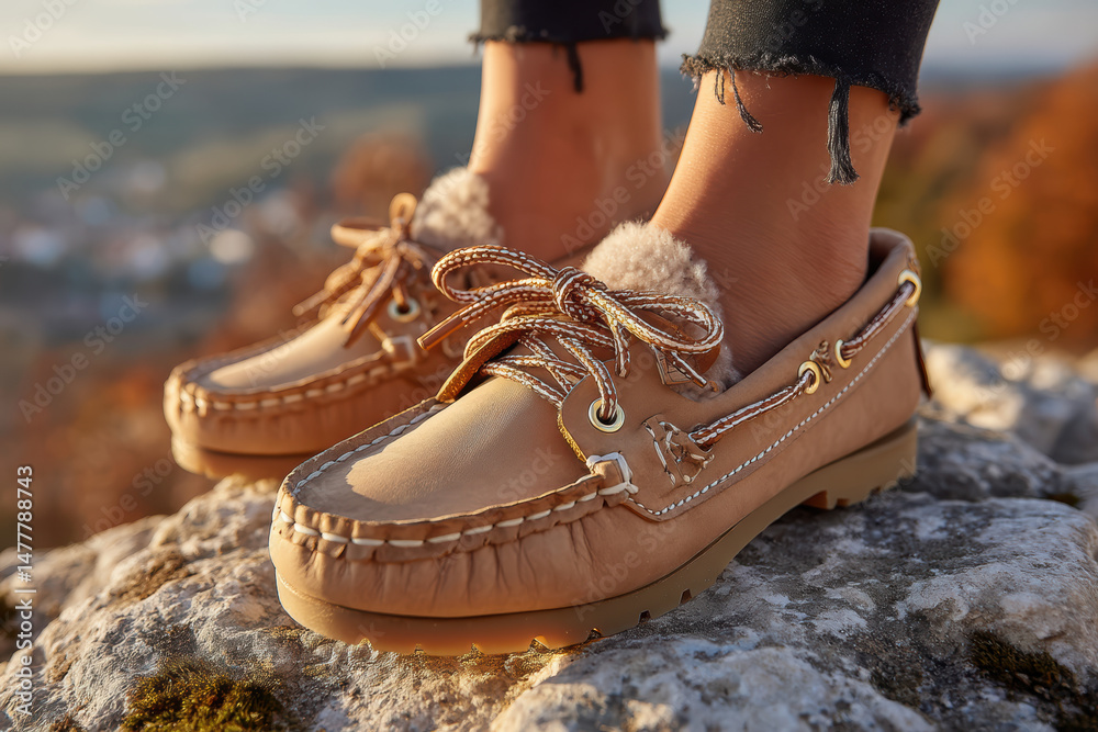 Naklejka premium Fashion product photo of beige leather moccasins on female legs in black pants, outdoor setting with soft natural light, casual chic style 2025