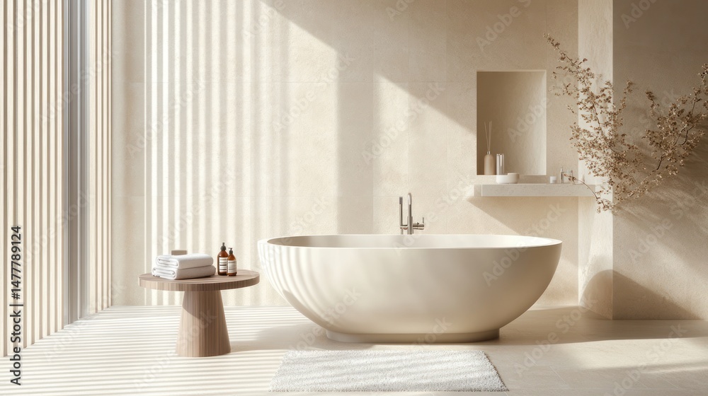Fototapeta premium Sun-drenched Sanctuary: An Elegant and Serene Bathroom Retreat with Striking Light
