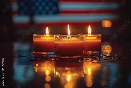 Three lit candles glow near water droplets with an American flag unfocused in background