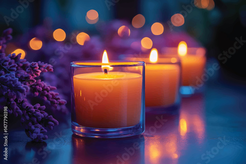 Three lit candles in glass holders illuminate purple lavender flowers beautifully