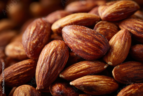 Beautifully roasted sweet almonds lying in a clustered heap, caramel tones and crunchy appearance, gourmet food close-up for commercial use