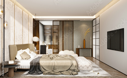 Elegant hotel room, luxury home interior bedroom. 3d render.