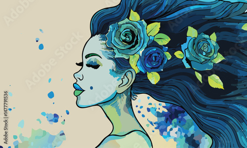Woman With Roses Flowing Hair Artistic Illustration