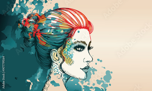 Watercolor Portrait of Young Woman Colorful Illustration Art