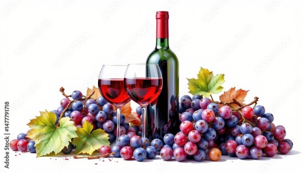 Obraz premium a watercolor painting of a bottle and glass of red wine, nestled amidst a bunch of plump, juicy grapes, isolated on a pristine white backdrop.