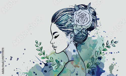 Elegant Woman with Floral Hair Watercolor Art