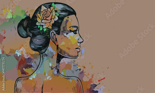 Beautiful Woman Flower Rose with Painted Artistic Style