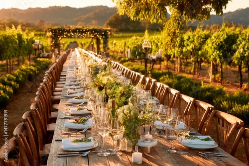 Slika na platnu A long wooden table is beautifully arranged with elegant dishware and fresh flow