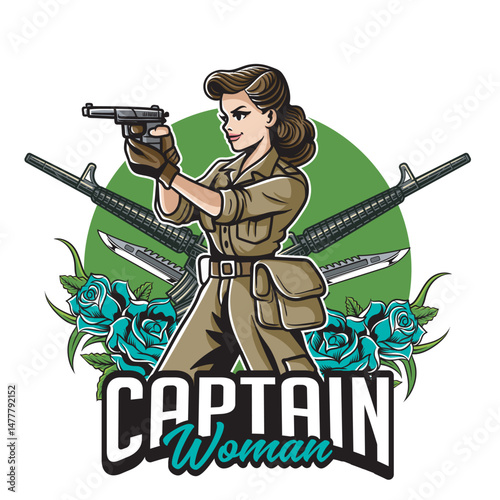 Vector Illustration of Woman Soldier with Gun in Retro Vector Illustration Available for Tshirt Design