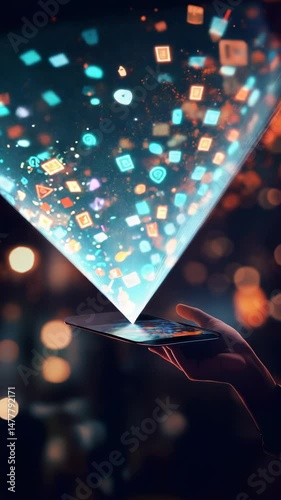 Hand holding smartphone projecting colorful digital icons in a nighttime cityscape
