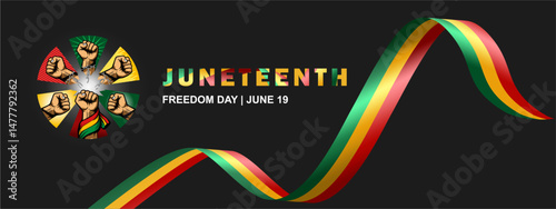 Juneteenth Freedom Day,Juneteenth banner design with raised fists breaking chains and African flag ribbon. Symbol of freedom, emancipation, suitable for social media, banners, posters.