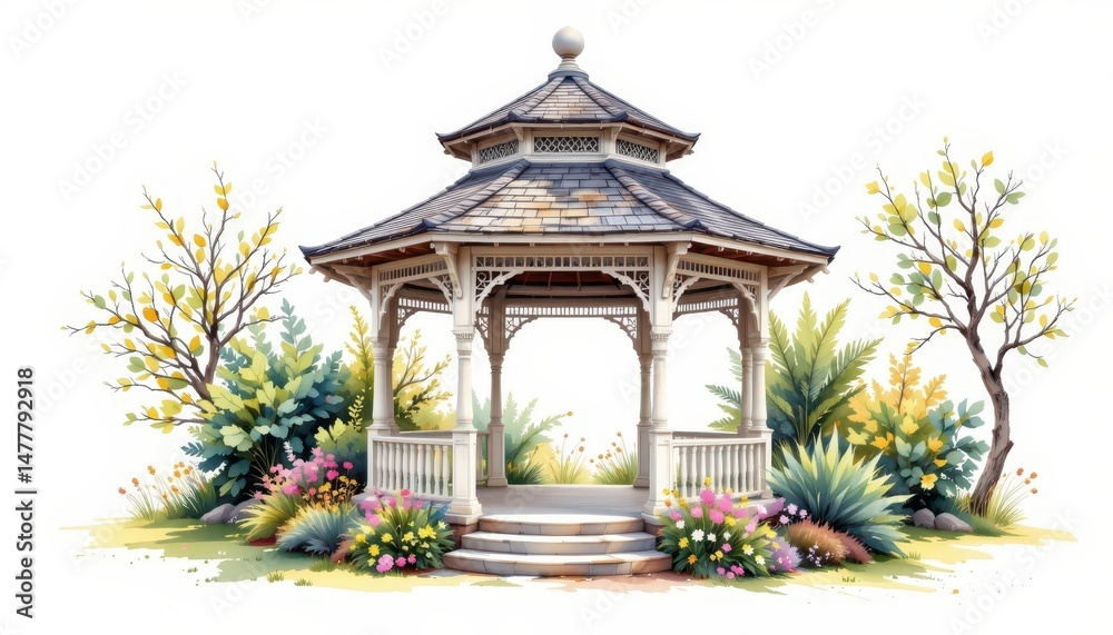 Obraz premium a watercolor clipart rendering of a charming garden rotunda, its delicate curves and whimsical architecture set against a pristine white backdrop.