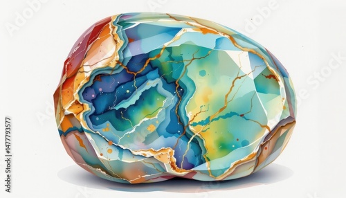 a watercolor clipart image, depicting a vibrant tourmalin stone against a pristine white, ready for your artistic endeavors. photo
