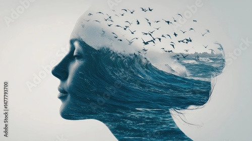 Woman embracing freedom with ocean waves and flying birds representing inner peace