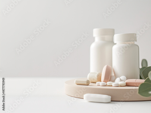 various multivitamin or drugs capsules and bottles on a table, with a white background, copy space