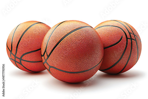 Three vibrant orange basketballs are arranged closely together, showcasing their textured surface on a plain background