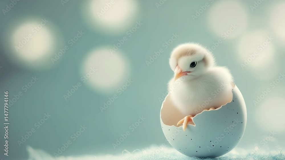 Fluffy white baby chick sits inside a broken eggshell against a soft blue background with light bokeh circles.