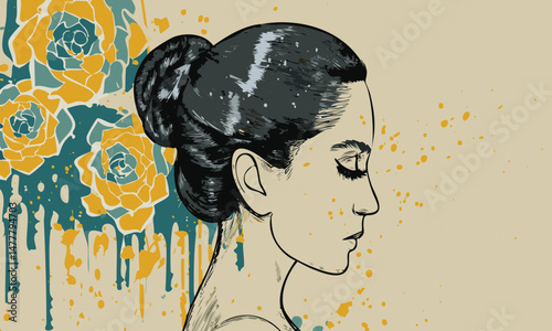 Woman with yellow flowers artistic abstract digital drawing