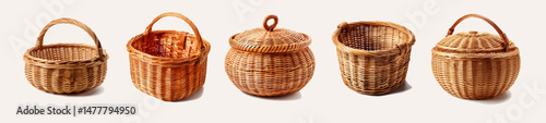 Vector realistic 3D set of handwoven wicker baskets in various shapes and styles, some with lids and handles. Ideal for rustic and home decor designs. vector set