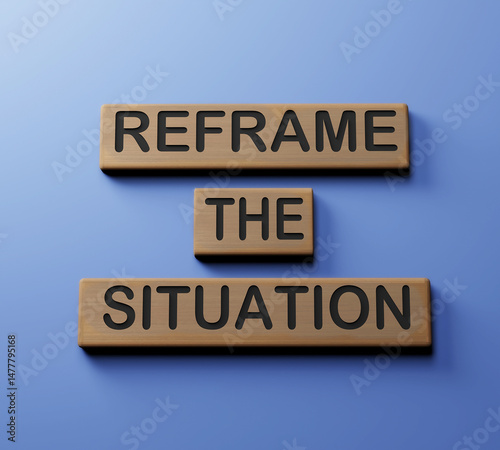 3d rendering of wooden block with word text reframe the situation