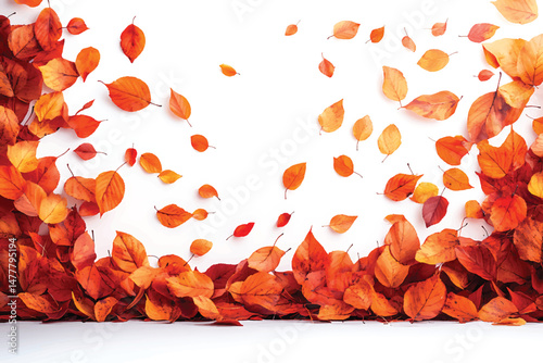 Vibrant fall foliage displays orange and red leaves scattered across the clean white backdrop elegantly