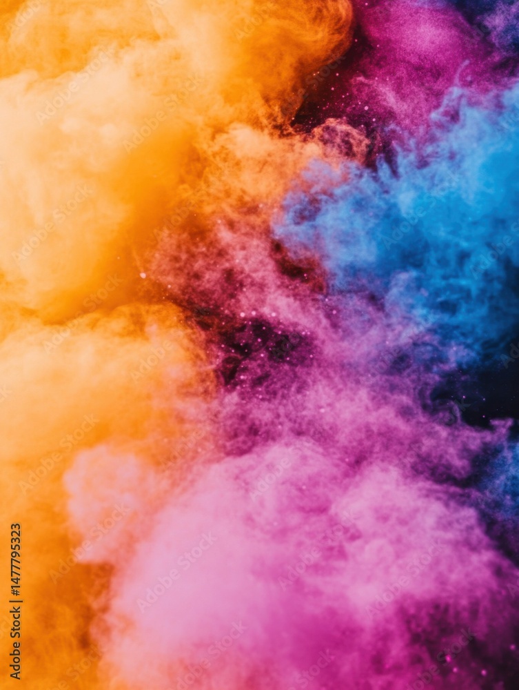 Fototapeta premium Colorful smoke explosion abstract background overhead shot with orange pink and blue hues for design projects