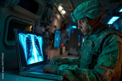 A soldier in camouflage uniform closely examines a chest X-ray on a laptop in a dimly lit field hospital. The setting is busy and focused on medical assessments