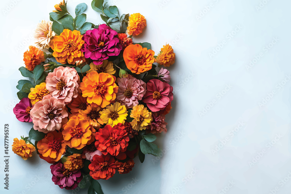 Fototapeta premium Vibrant dahlia blooms and eucalyptus foliage are arranged beautifully over a serene white backdrop
