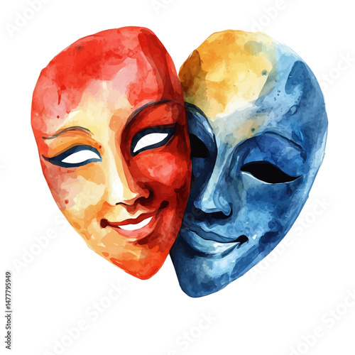 watercolor of Theater Masks, isolated on a white background.