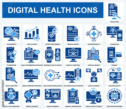 Digital Health icon set collection. Regulation, Medical Report, AI Diagnostic, Counseling, Patient Engagemnet, Health Collaborative