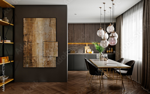 luxury home interior living room, dining room. 3d render.