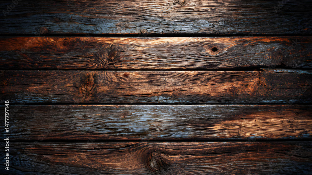 Naklejka premium Rustic Wooden Texture: A weathered wood plank backdrop with warm hues of brown and deep grooves that reveal a rich history. Perfect for a vintage, rustic, or natural aesthetic. 