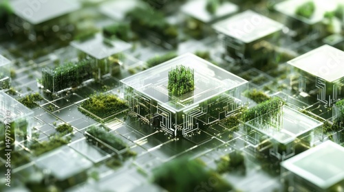 Quantum City Grid features a futuristic urban design where microchips create a complex, multi-dimensional cityscape. photo
