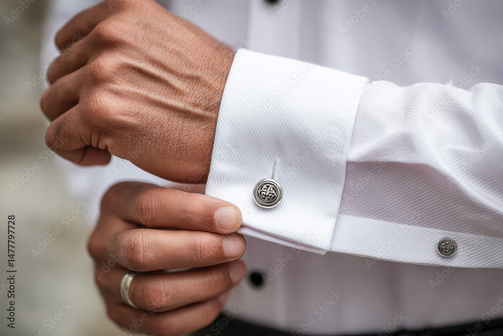 Obraz premium Close-up of a groom buttoning cufflinks on a white shirt, focusing on the elegance of the cufflinks and the formal wedding attire